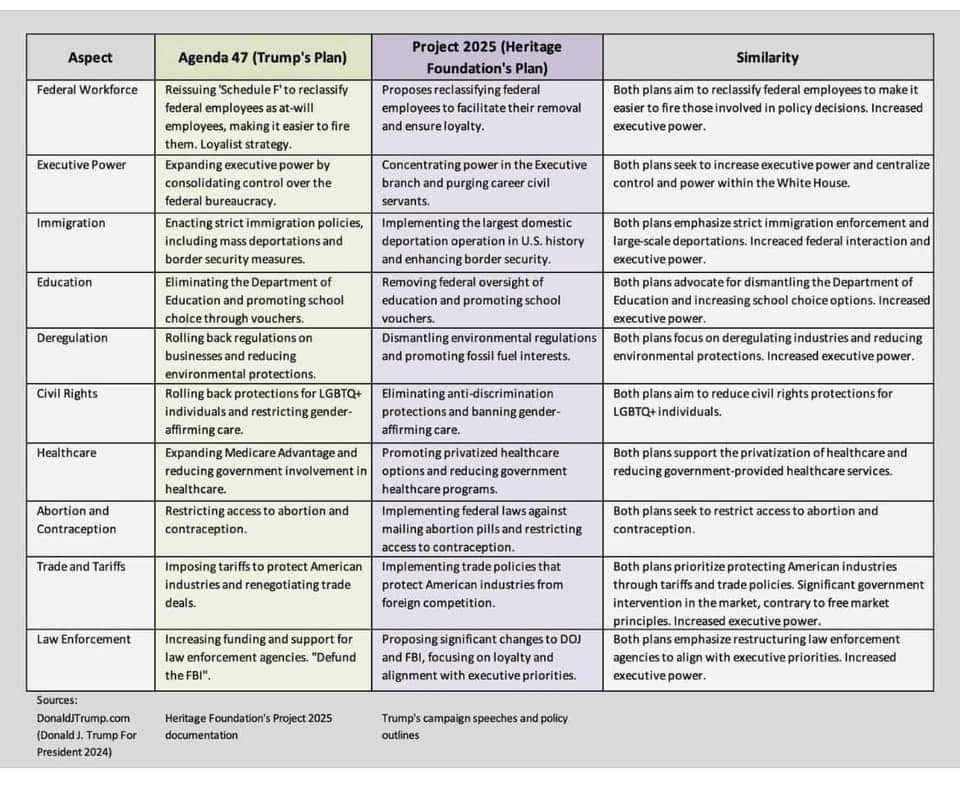 A table image showing a comparison between Agenda 47 and Project 2025, topic by topic